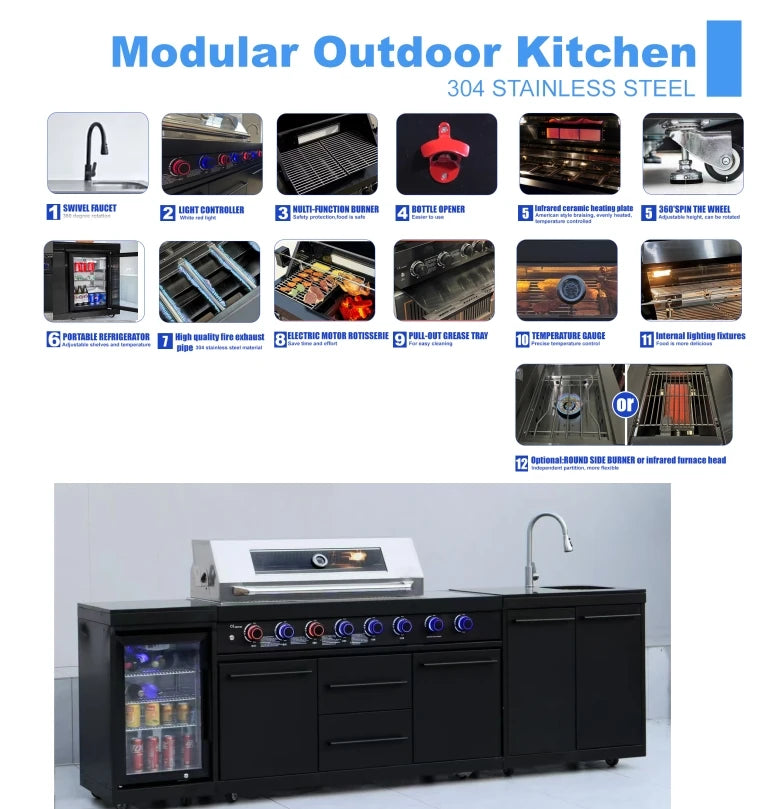USA Inventory 3-Day Delivery High-End Rapid Heat Transfer BBQ Grill Food-Grade 304 Grill Grate With Sink Fridge Combo for Party