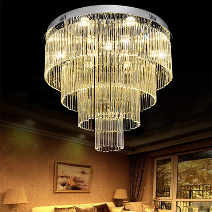 Modern Stainless Steel Ceiling Led Light Round Multi-layer Silver Crystal Chandelier