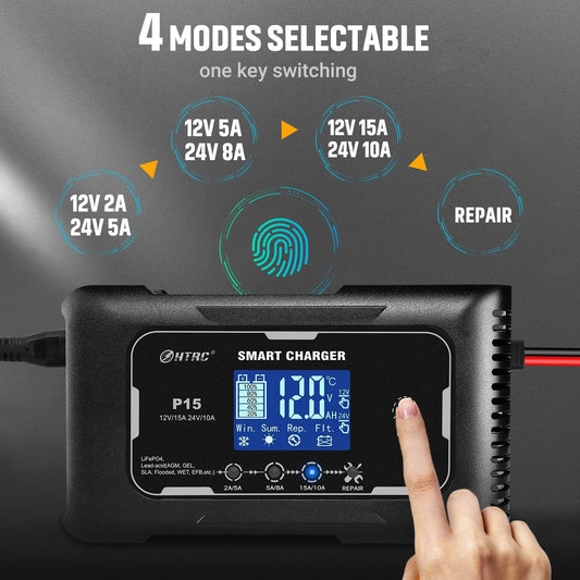 HTRC 12V/24V 15A/20A Car Battery Charger Smart Charger for Lead-Acid PB LiFePO4 Battery 7-Stage Automatic Car Motorcycle Charger