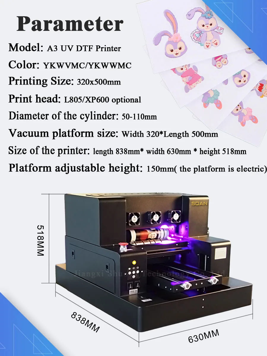 The Popular A3 Size UV  DTF Printer 6 Digital  Logo Printing Machine Glass Metal Leather Phone Case UV Flatbed Printer Machine