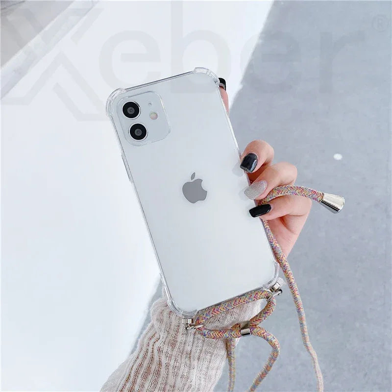 Necklace Lanyard Strap Chain Phone Case For iPhone 16 15 14 13 Pro Max 12 11 XS X XR Mini 7 8 Plus Transparent Soft Rope Cover