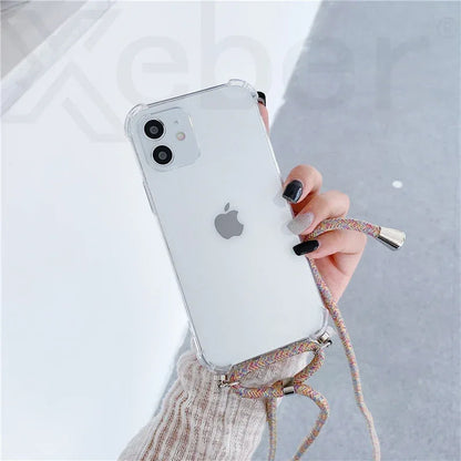 Necklace Lanyard Strap Chain Phone Case For iPhone 16 15 14 13 Pro Max 12 11 XS X XR Mini 7 8 Plus Transparent Soft Rope Cover