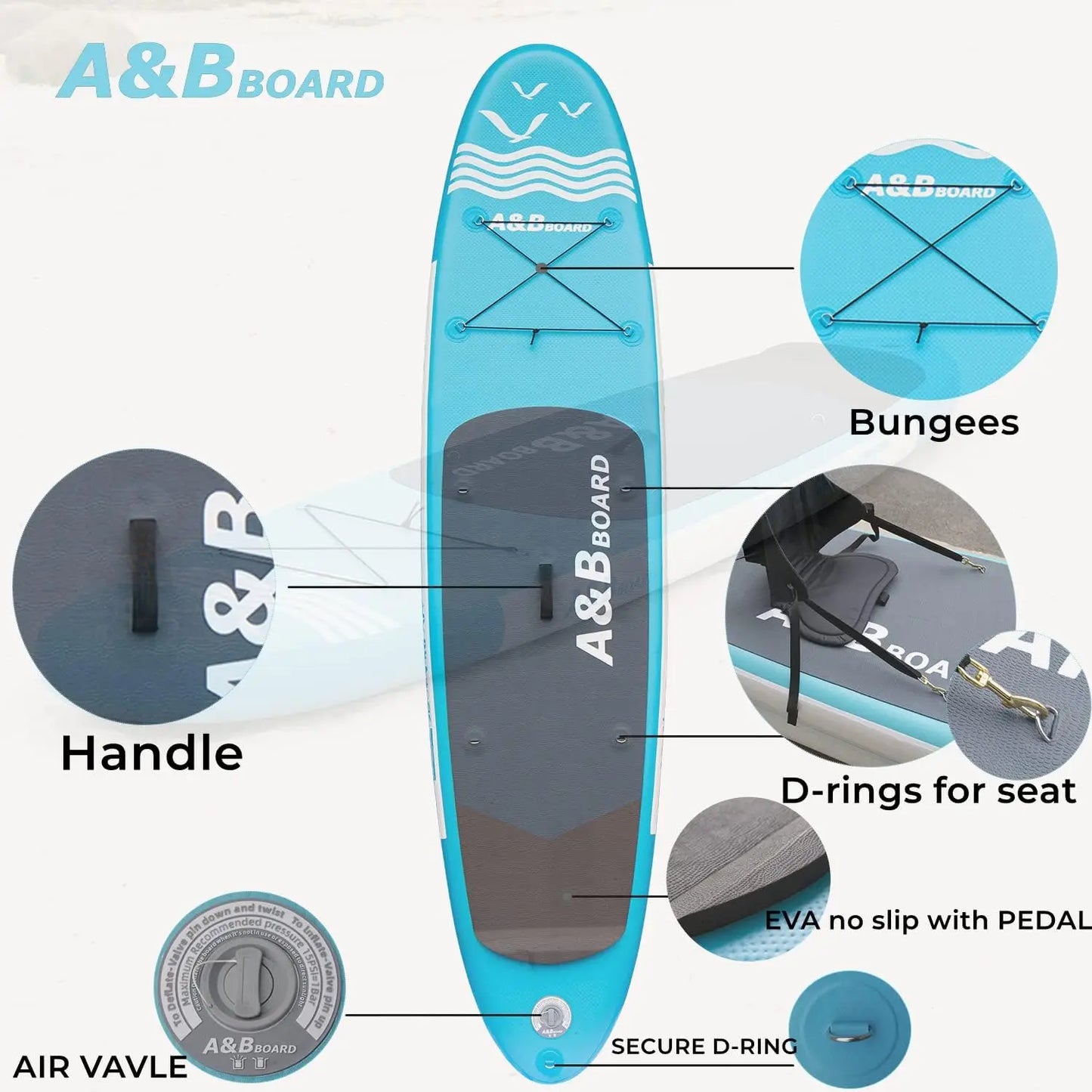 Stock AB 10'6'' Inflatable Stand Paddle Board (EVA/PVC) 130KG Capacity Pump Backpack Paddle Leash Accessories 1 Year Warranty