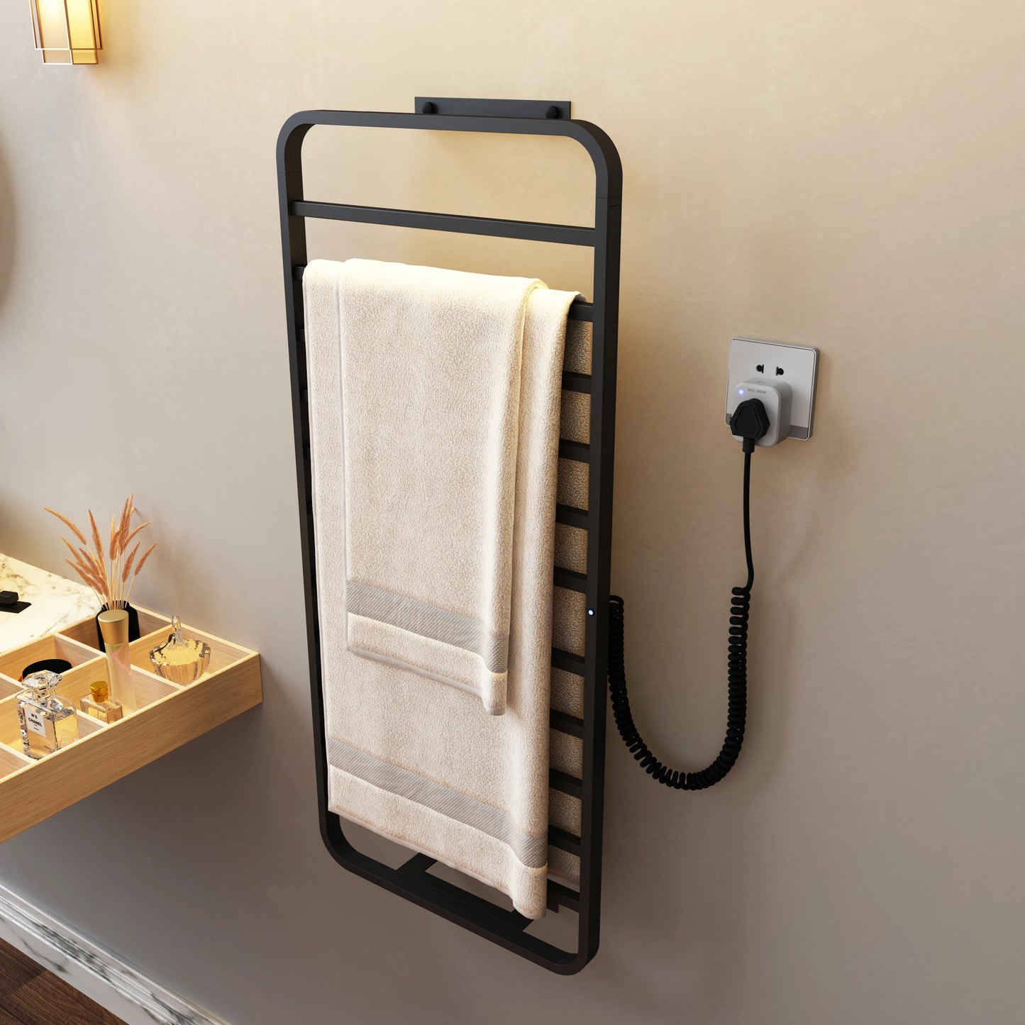Smart Home 220v Electric Heated Towel Rail Black Bathroom Towel Dryer Warmer Rack Punch Free for Hotels