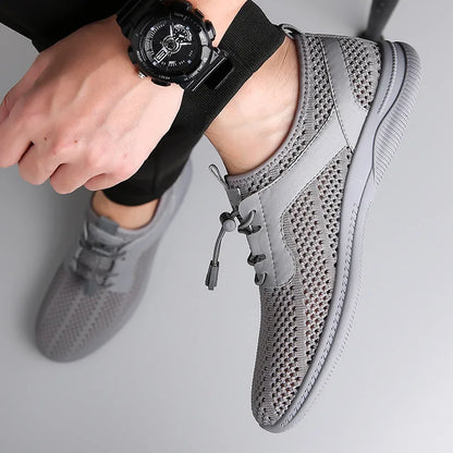 Men Summer Fly Knit Mesh Slip-On Casual Shoes Round Toe Breathable Lightweight Rubber Sole Solid Shoe Tongue Logo