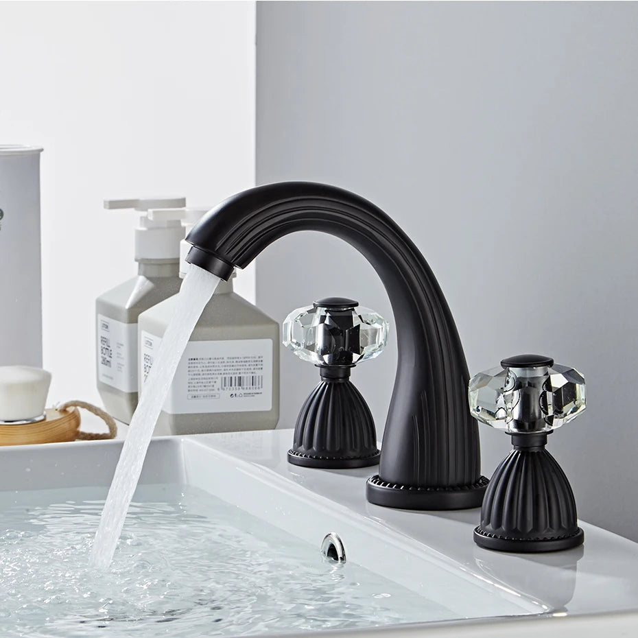 Gold Crystal 3-Hole Basin Split Faucet Bathroom Cabinet Full Copper Washbasin Under Counter Basin Cold and Hot Water Faucet CF96
