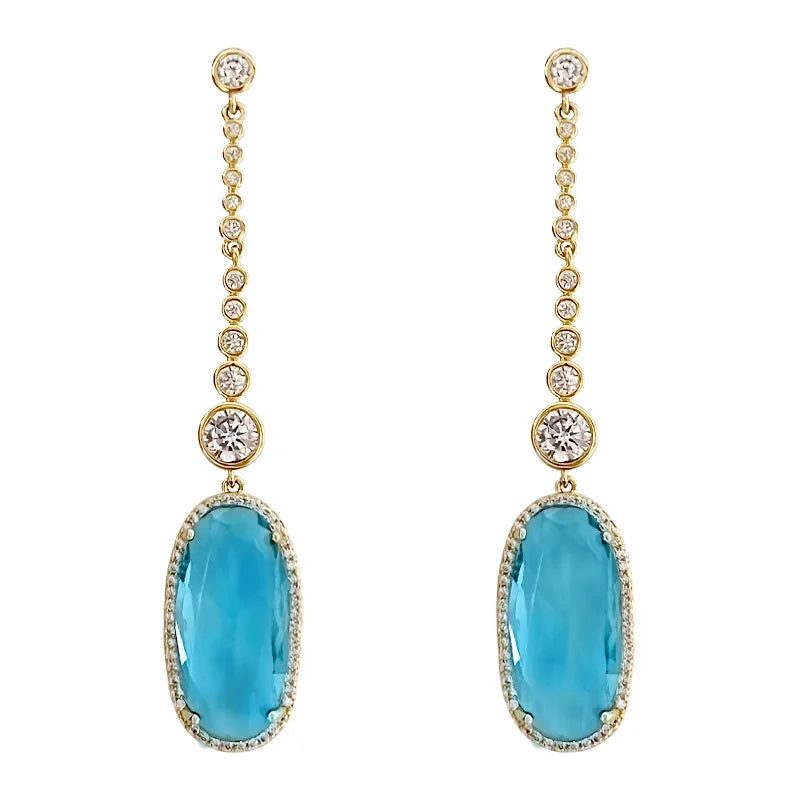 Aurea Nicole White Gold Drop Earrings With Blue Topaz And Diamond Bezel Setting For Women Wedding Luxury Jewelry