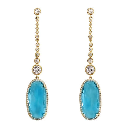 Aurea Nicole White Gold Drop Earrings With Blue Topaz And Diamond Bezel Setting For Women Wedding Luxury Jewelry