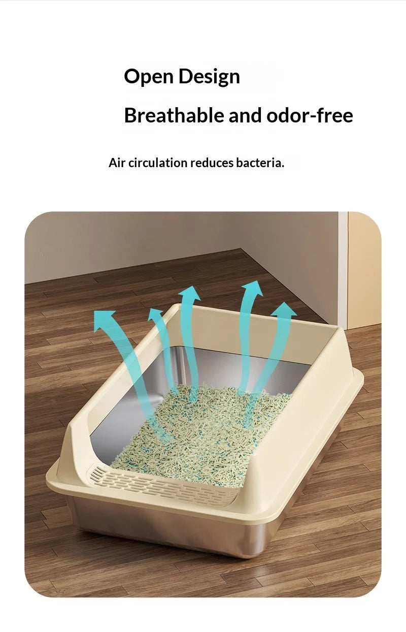 Stainless Steel Semi-closed Rectangular Cat Litter Box with Top-in Lid Anti-splash High Fence Pet Cleaning