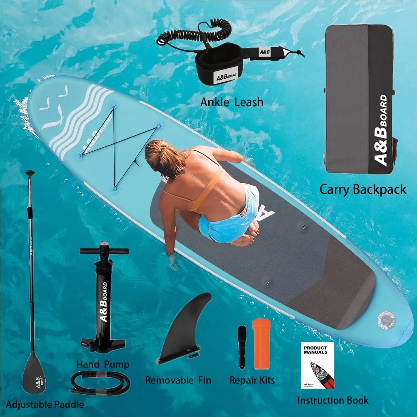Stock AB 10'6'' Inflatable Stand Paddle Board (EVA/PVC) 130KG Capacity Pump Backpack Paddle Leash Accessories 1 Year Warranty