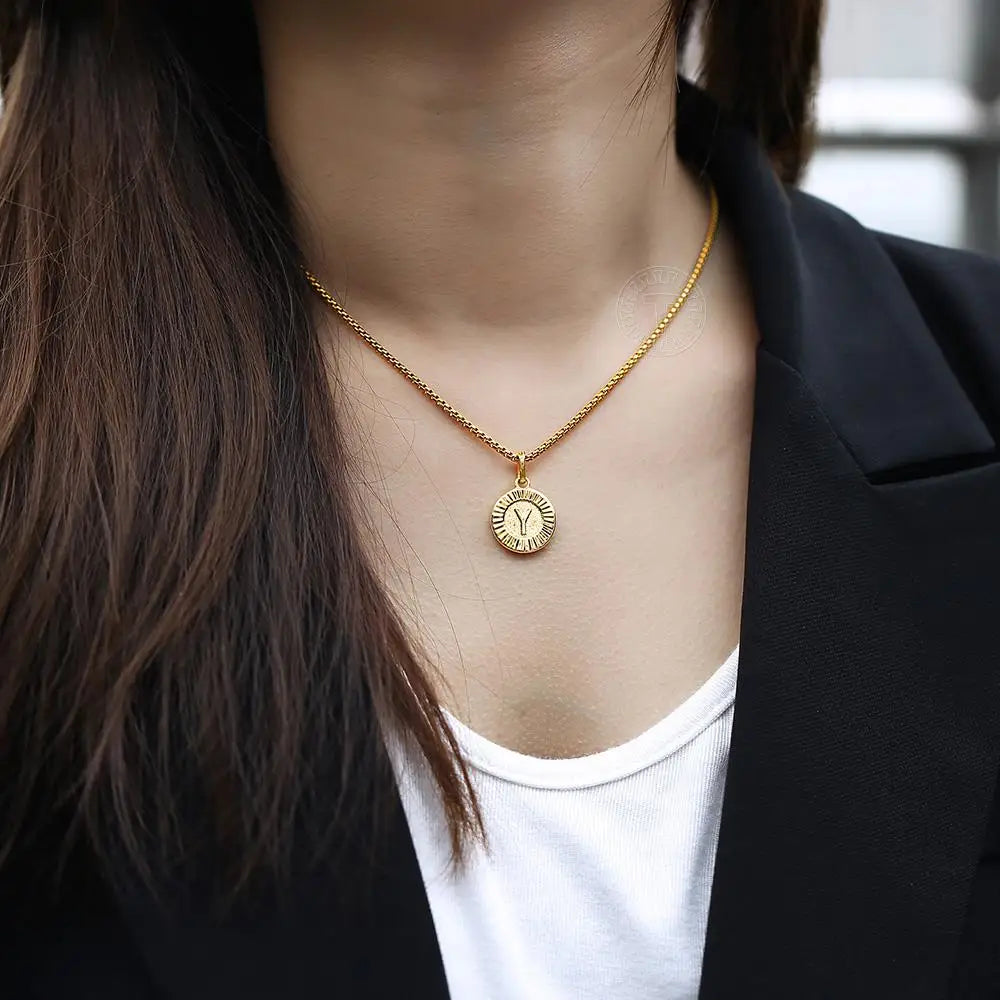 Initial Letter Pendant Necklaces Round Charm Stainless Steel Box Link Chain for Women Men Jewelry Gift