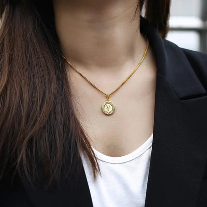 Initial Letter Pendant Necklaces Round Charm Stainless Steel Box Link Chain for Women Men Jewelry Gift
