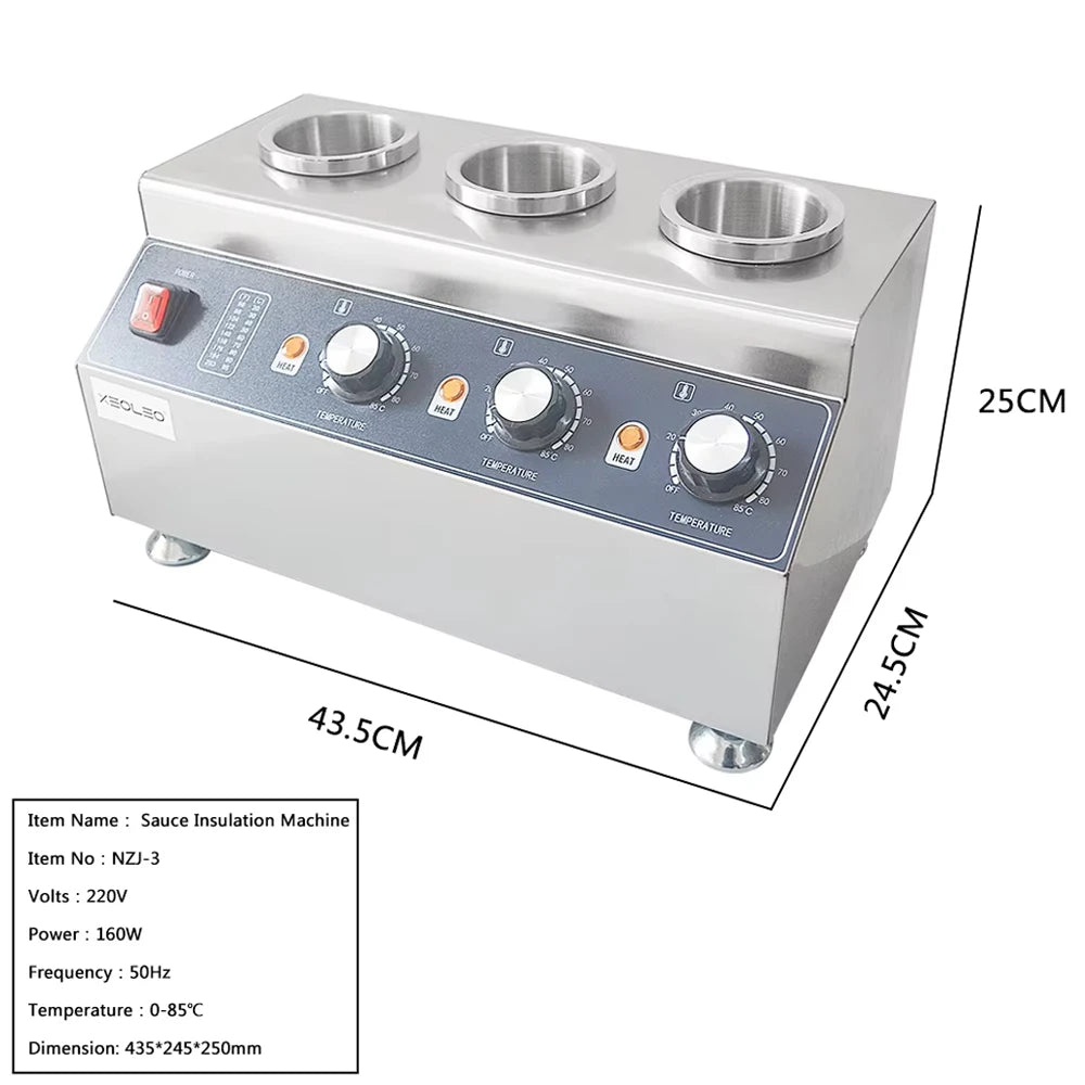XEOLEO Commercial 3 Bottles Chili Fudge Cheese Warmer Electric Sauce Dispenser Stainless Steel Commercial Sauce Squeeze Warmer