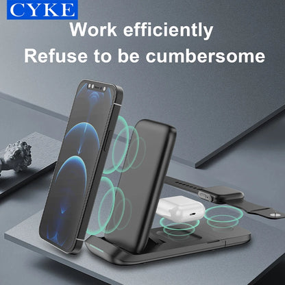CYKE 3-in-one 15W Fast Wireless Charger V8 Magnetic Folding Phone Stand Watch Collapsible Wireless Charging Station for AirPods