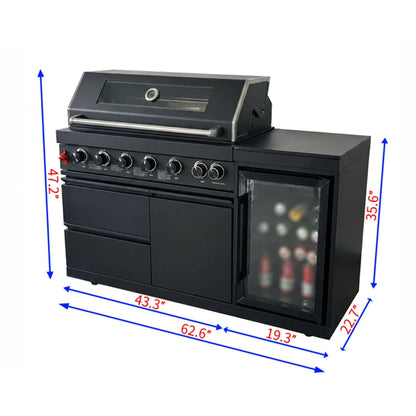 US Overseas Luxury Customized Black Stainless Steel 6-Burner Grill Outdoor Kitchen BBQ Island with Fridge for Custom Backyards