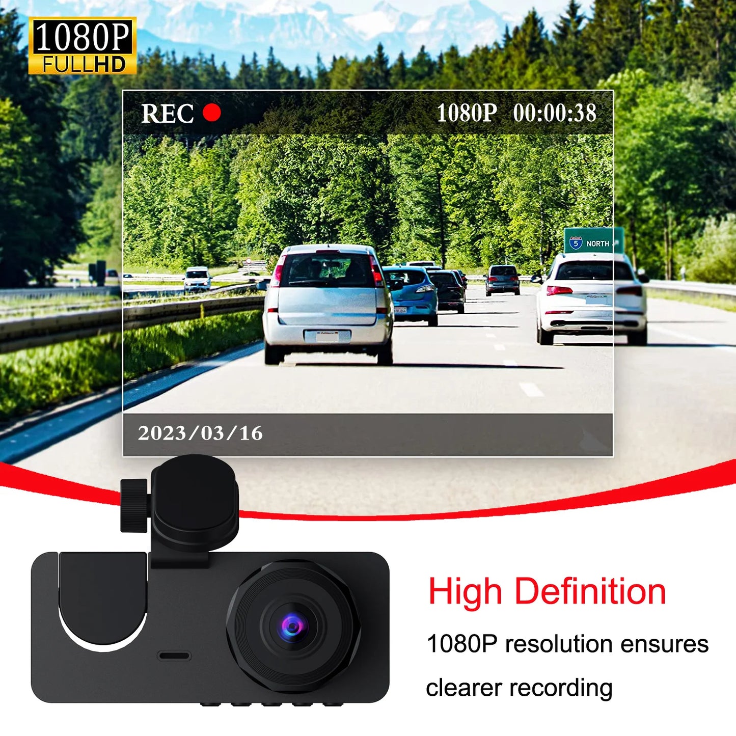 2-Inch IPS Screen Dashcam 1080P HD 140 Degree 3 Lens Loop Recording Waterproof Front Rear Car Recorder DVR