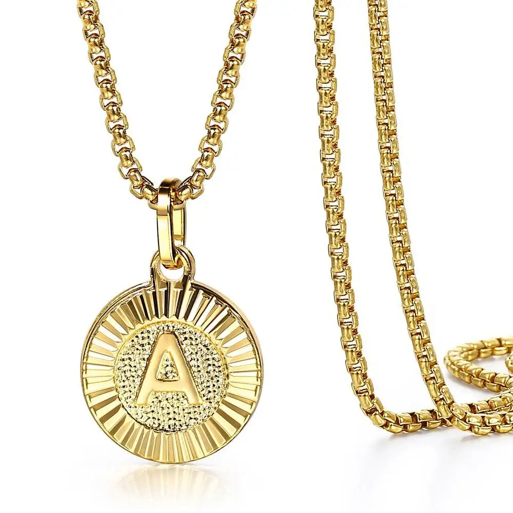 Initial Letter Pendant Necklaces Round Charm Stainless Steel Box Link Chain for Women Men Jewelry Gift