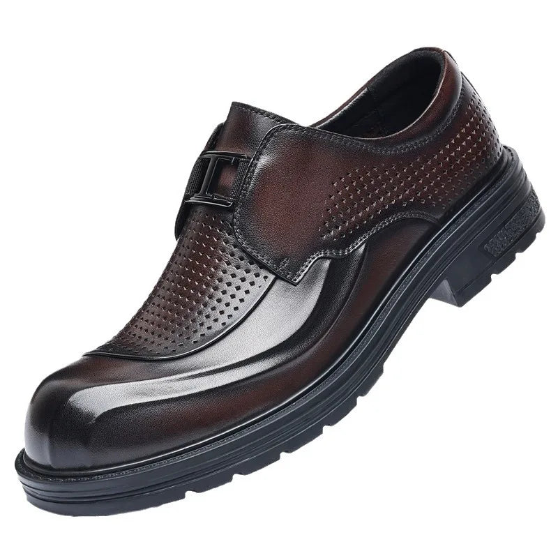 Leather Slip-On Men's Summer Shoes Round Toe Breathable Perforated Thick Sole Business Casual Boat Shoes