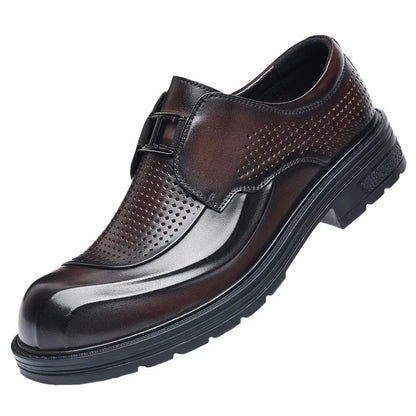 Leather Slip-On Men's Summer Shoes Round Toe Breathable Perforated Thick Sole Business Casual Boat Shoes