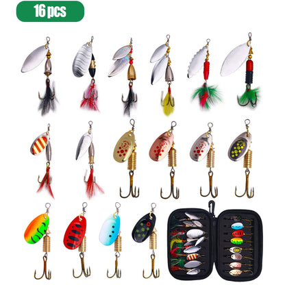 16pcs Spinners Lure Set Baits Set With Tackle Bag Trout Bass Salmon Pike Walleye Fishing Lures