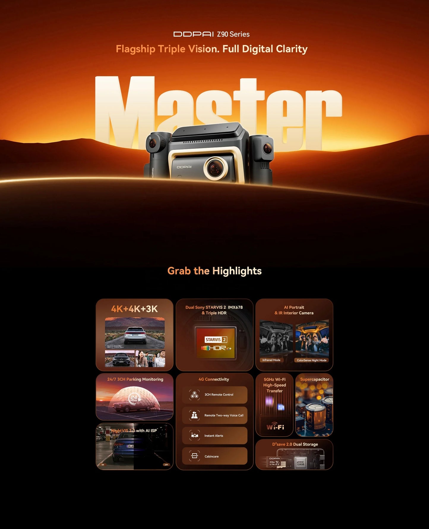 DDPAI Z90 Master/Z90 Pro /Z90  Series Flagship Dual Lens Triple Vision Car Dash Cam Video Recorder ADAS WDR Loop Recording Touch