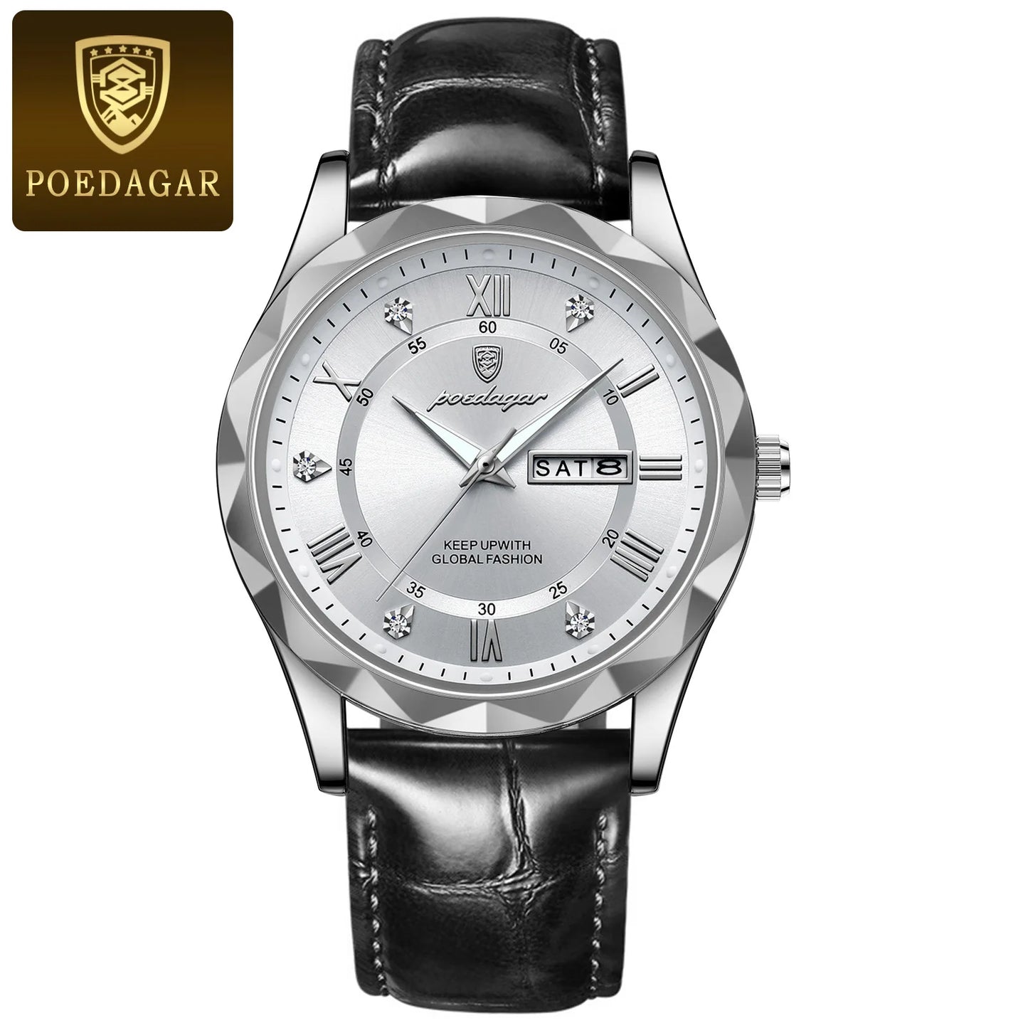 POEDAGAR Watches for Men Classic Luxury Week Display Sports Quartz Watch Mens Waterproof Leather Band Date Wristwatches Male