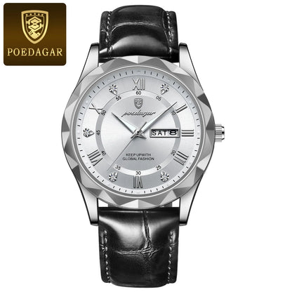 POEDAGAR Watches for Men Classic Luxury Week Display Sports Quartz Watch Mens Waterproof Leather Band Date Wristwatches Male