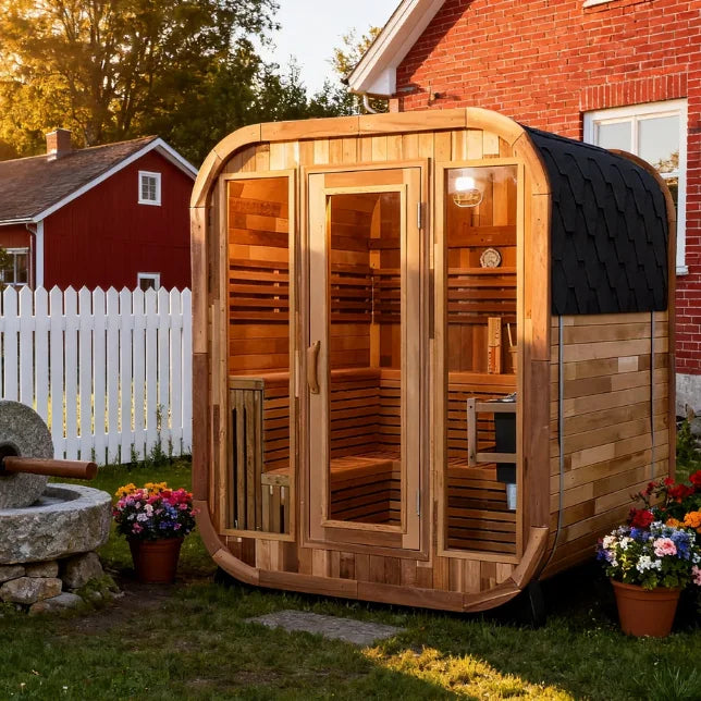 Cedar Square Barrel Steam Sauna 4-person Outdoor Garden Traditional Steam Sauna with Black Asfalt Roof Shingle Tiles