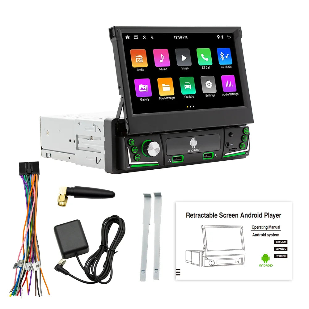 BQCC 7\" 1DIN Android 13 Car Radio Retractable HD Screen Auto Electronics 1+32G/2+32G/2+64G WiFi GPS Navigation SDK Mirror Link