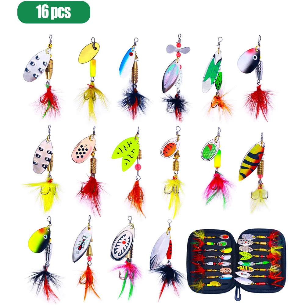 16pcs Spinners Lure Set Baits Set With Tackle Bag Trout Bass Salmon Pike Walleye Fishing Lures