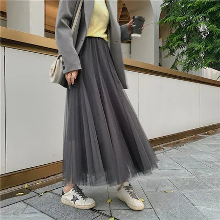 TingYiLi Elegant Tulle Skirt Autumn Winter Big Swing Women Skirt Korean Cute Pink Green Gray Blue Brown Black Long Skirt Tutu