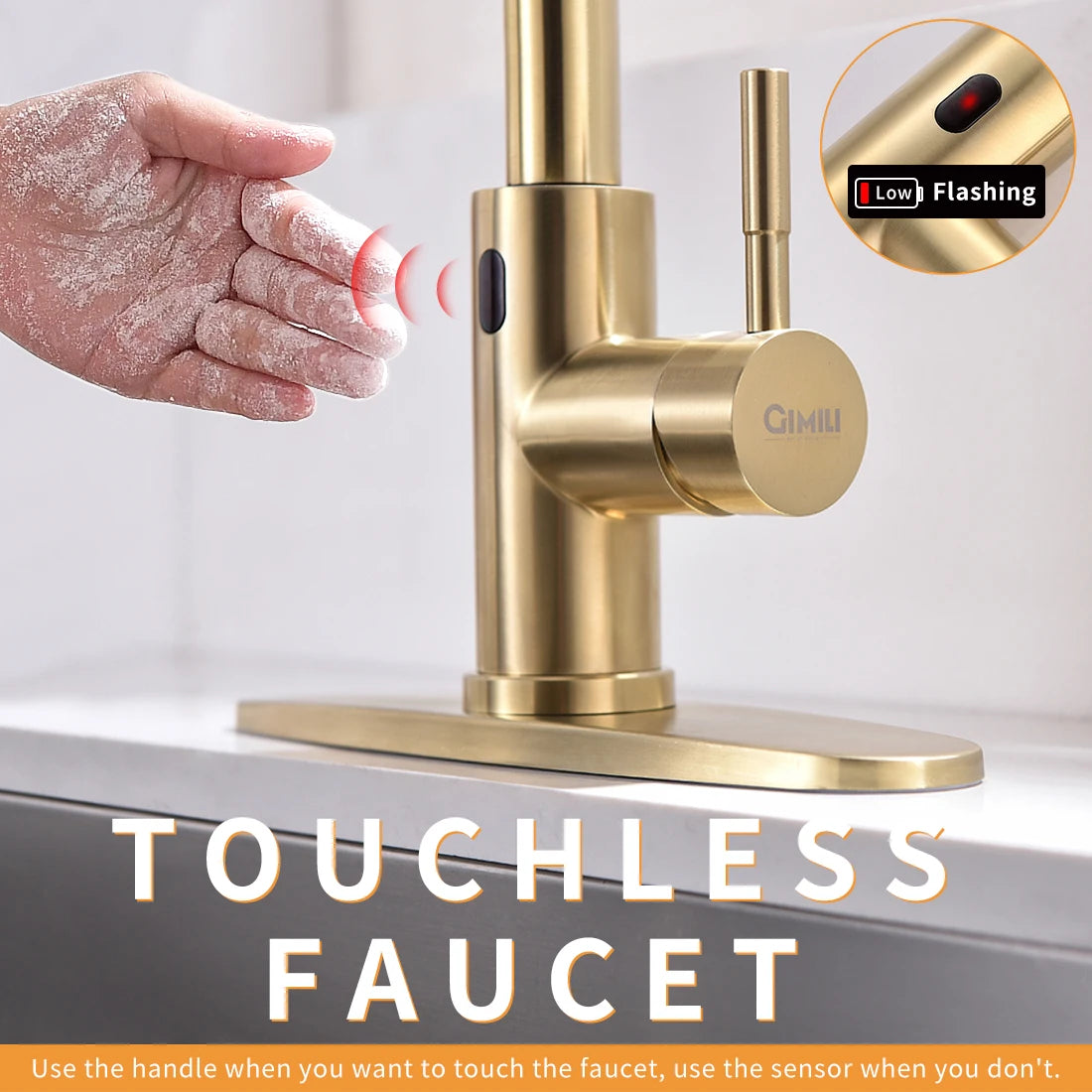 Luxury Single-Hole Kitchen Faucet Non-TOUCH Sensitive Brushed Gold  Ceramic Cartridge Sink Faucet with Pull Sprayer
