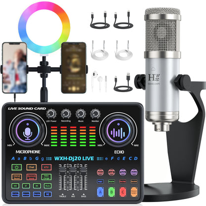DJ20 Live Sound Card Audio Mixer 48V Capacitive Microphone Sound Card Full Set Mobile Phone Live Streaming Karaoke Sound Card
