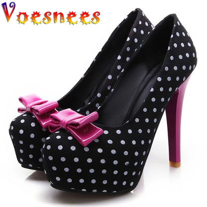 Voesnees New Sweet Bow Stiletto Pumps Polka Dot Pattern Comfortable Waterproof Platform Women Shoes 12CM High-Heel Single Shoes