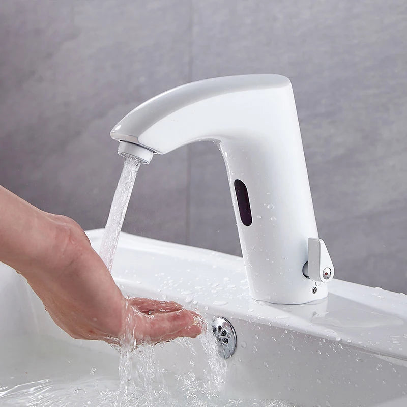 Brass White Sensor Tap Modern Single Hole Ceramic Valve Core Bathroom Wash Basin Hot Cold Mixer Faucet