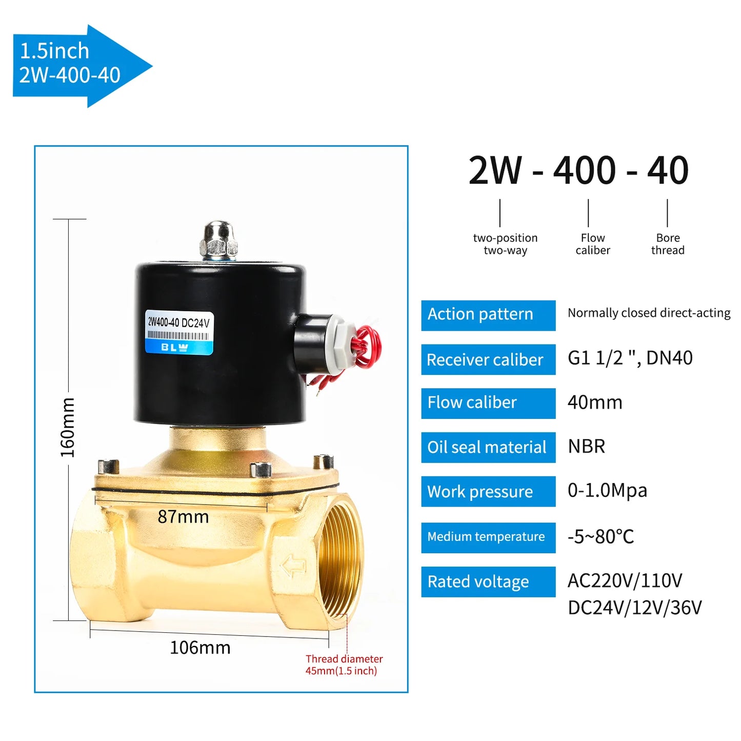 Factory Direct 2W400-40 NC Solenoid Valve 2-Way Electric Control Valve for DN40 1 1/2inch OEM Customizable Water Media