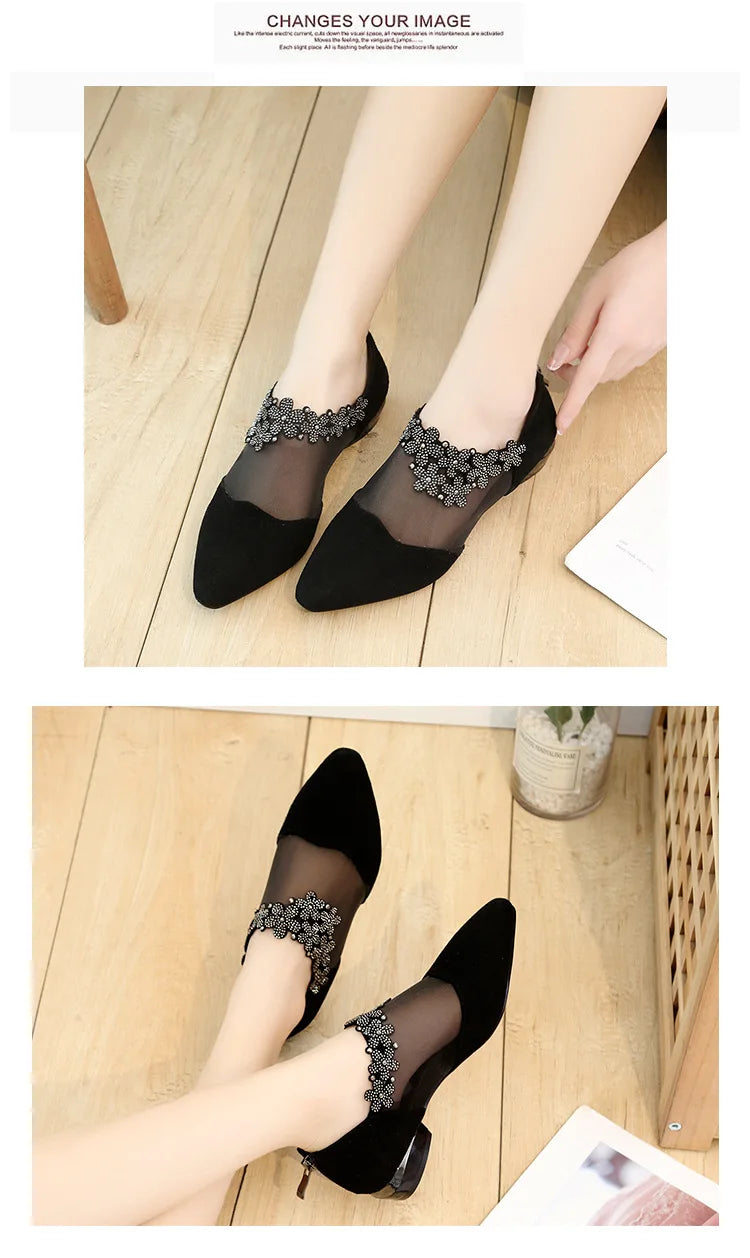 Women 2025 Summer Fashion Black Lace Rhinestone Sandals Flowers Low Heel Sandals Mesh Plus Size Sandalias Mujer Casual Shoes