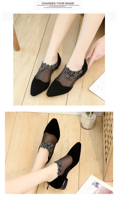 Women 2025 Summer Fashion Black Lace Rhinestone Sandals Flowers Low Heel Sandals Mesh Plus Size Sandalias Mujer Casual Shoes