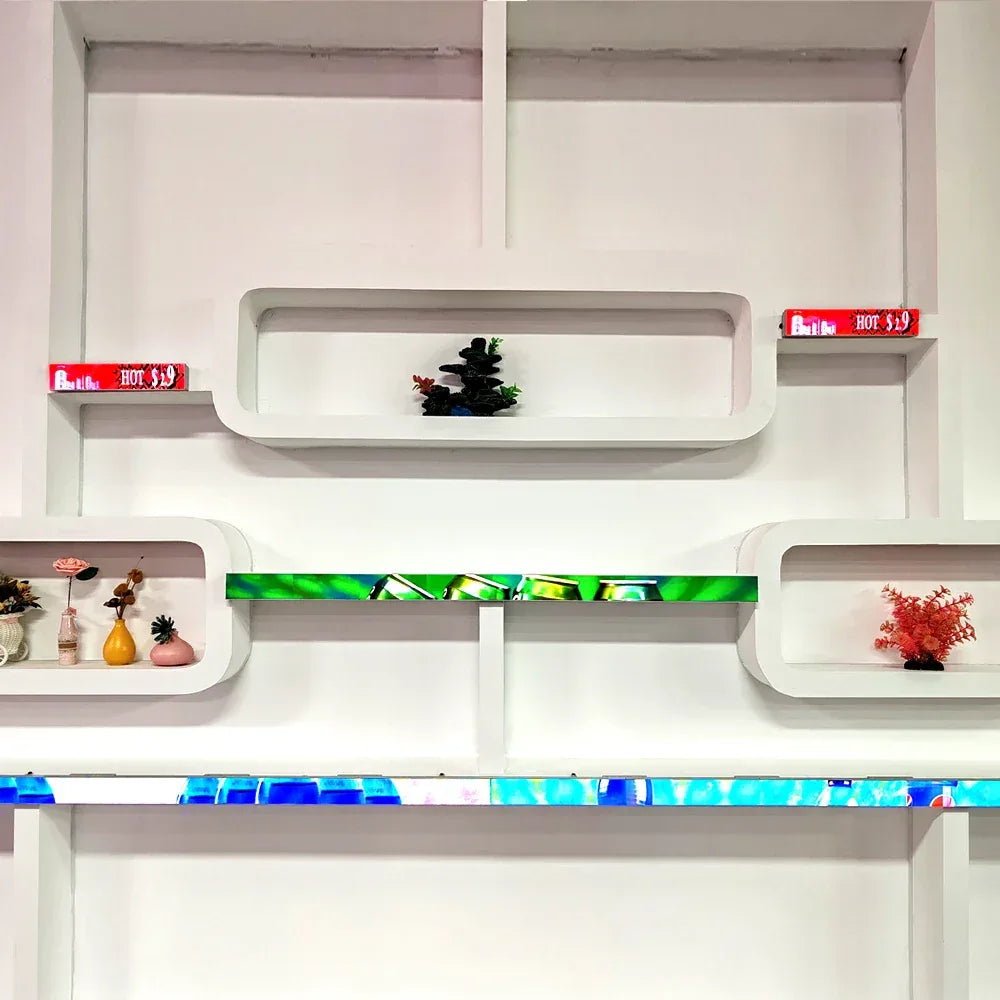 The LED Screen on the Shelves of Shopping Malls and Retail Stores and the LED Strip Screen of Digital Advertisements