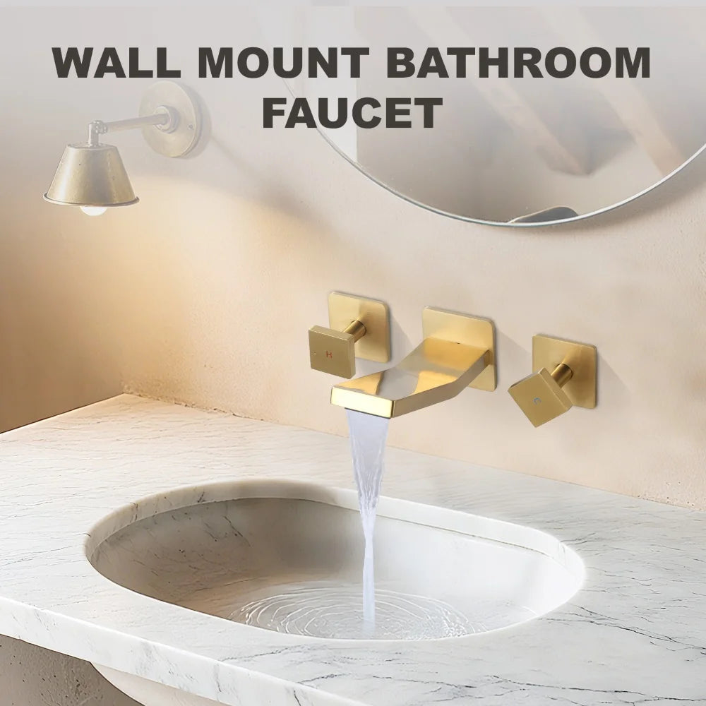 Brushed Gold Vessel Sink Faucet 2 Handles Basin Mixer Tap Rough in Valve Included, 3 Holes Bathroom Faucet Wall Mount