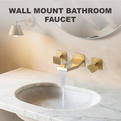 Brushed Gold Vessel Sink Faucet 2 Handles Basin Mixer Tap Rough in Valve Included, 3 Holes Bathroom Faucet Wall Mount