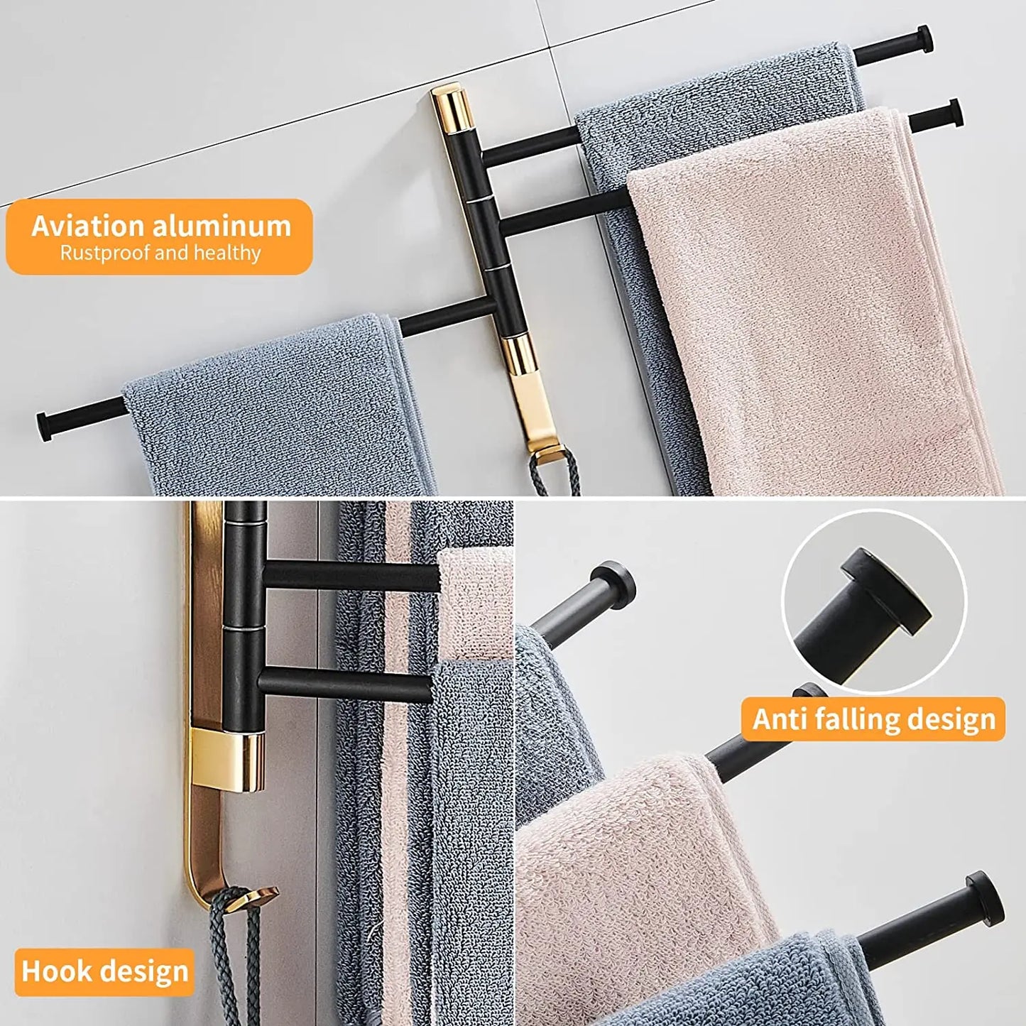 Hongdec Modern Bronze Finish Aluminum Double Towel Bars with Hooks for Bathroom Swing Towel Rack 3-Year Warranty