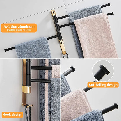 Hongdec Modern Bronze Finish Aluminum Double Towel Bars with Hooks for Bathroom Swing Towel Rack 3-Year Warranty