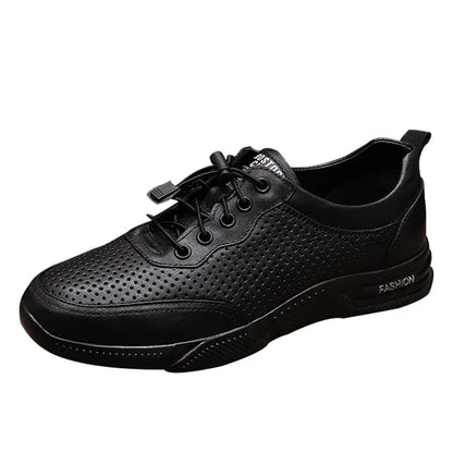 Genuine Leather Lace-up Men's Boat Shoes Round Toe Breathable Solid Summer Casual Rubber Outsole EVA Midsole Shoe Tongue Logo