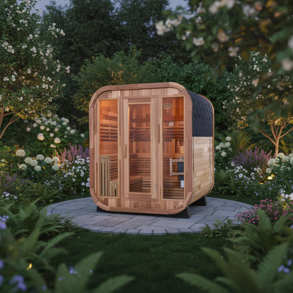 Cedar Square Barrel Steam Sauna 4-person Outdoor Garden Traditional Steam Sauna with Black Asfalt Roof Shingle Tiles