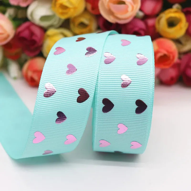 5 Yards 1" 25MM Valentine's Day Pink Gold Heart-Shaped Printed Ribbon For Hair Bows DIY Crafts Handmade Accessories M20012103