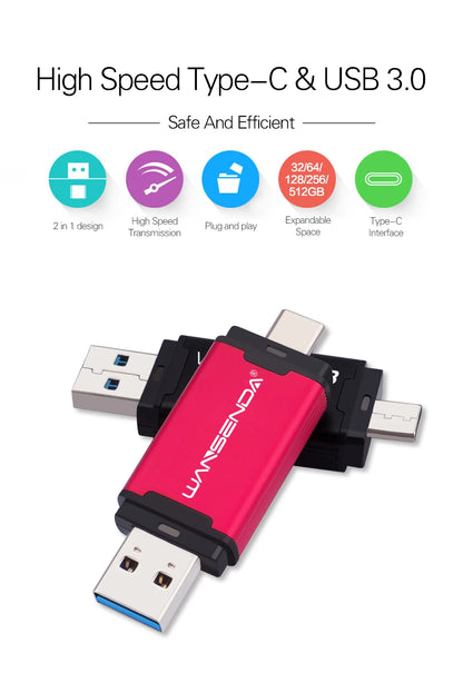 WANSENDA 128GB TYPE C USB 3.0 Flash Drive Pen Drive 32GB 64GB 256GB 512GB High Speed Pendrive for HUAWEI TYPE-C Mobile/PC