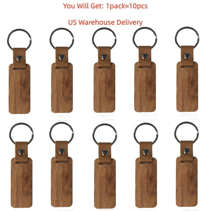 Stock 10pcs Wooden Blank Keychain for Engraving Painting Keychains With Leather Strap Keychain for Key Tag Luggage Tag Gift