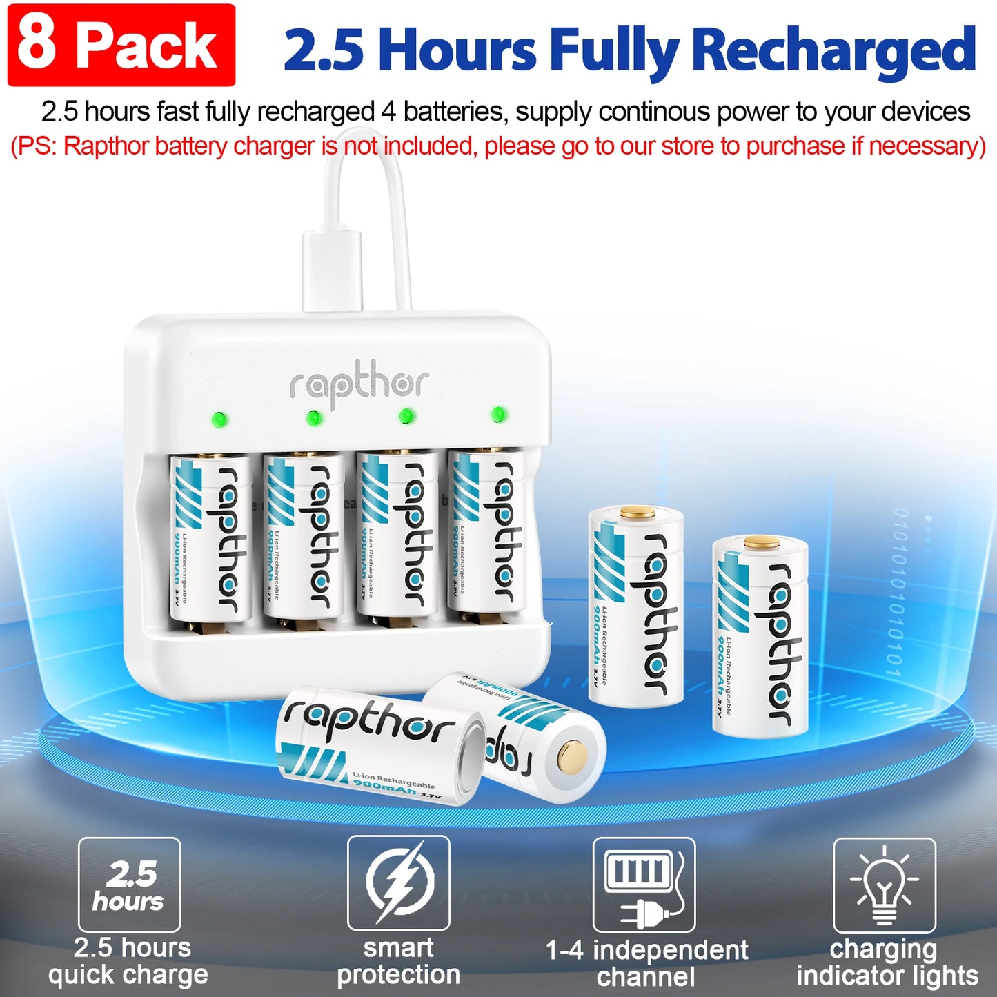 Rapthor 8 Pack 3.7V 900mAh Rechargeable CR123A Lithium Batteries with Charger Compatible with Arlo Cameras Flashlights Sensors