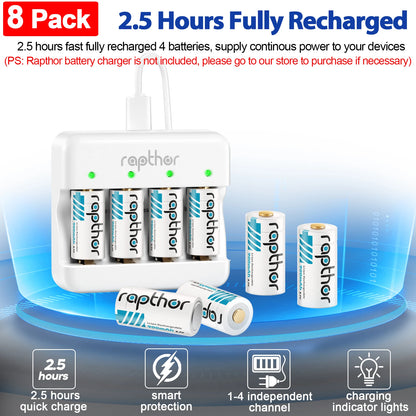 Rapthor 8 Pack 3.7V 900mAh Rechargeable CR123A Lithium Batteries with Charger Compatible with Arlo Cameras Flashlights Sensors